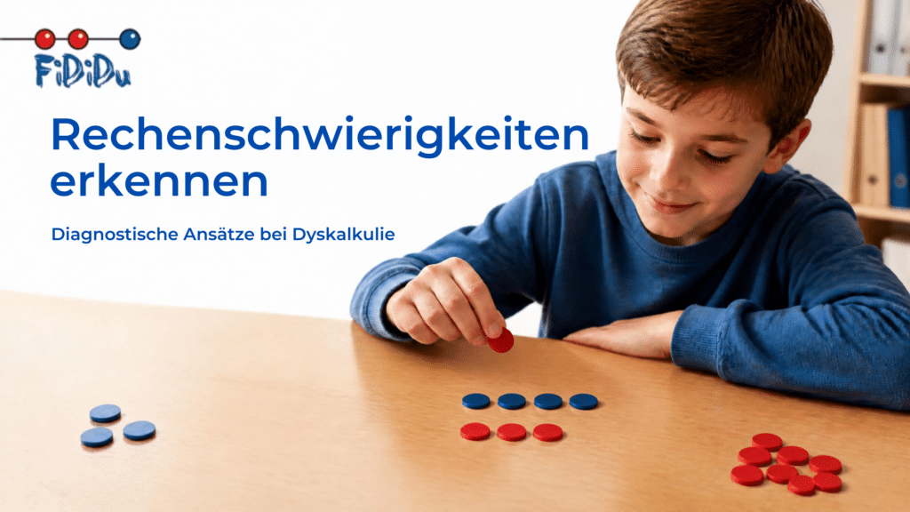 Lächelnder Junge legt am Tisch Wendeplättchen zum Rechnen